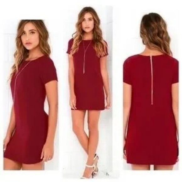 Lulus Dresses & Skirts - NWT Lulu's Shift and Shout Chic Wine Red Short Sleeve Shift Dress Back Zip  M
